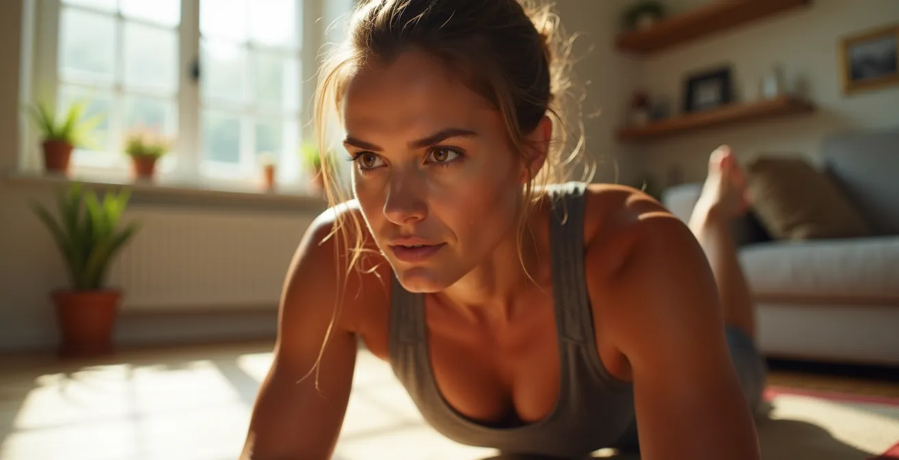 Frau führt konzentrierte Ganzkörperübung in minimalistischem Trainingsraum aus