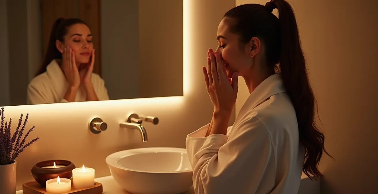 Beruhigende Abendpflege mit warmem Kerzenlicht und Gesichtsmassage