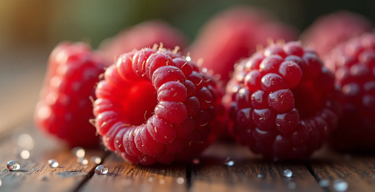 Makroaufnahme von frischen Beeren mit sichtbaren Texturen und Wassertropfen