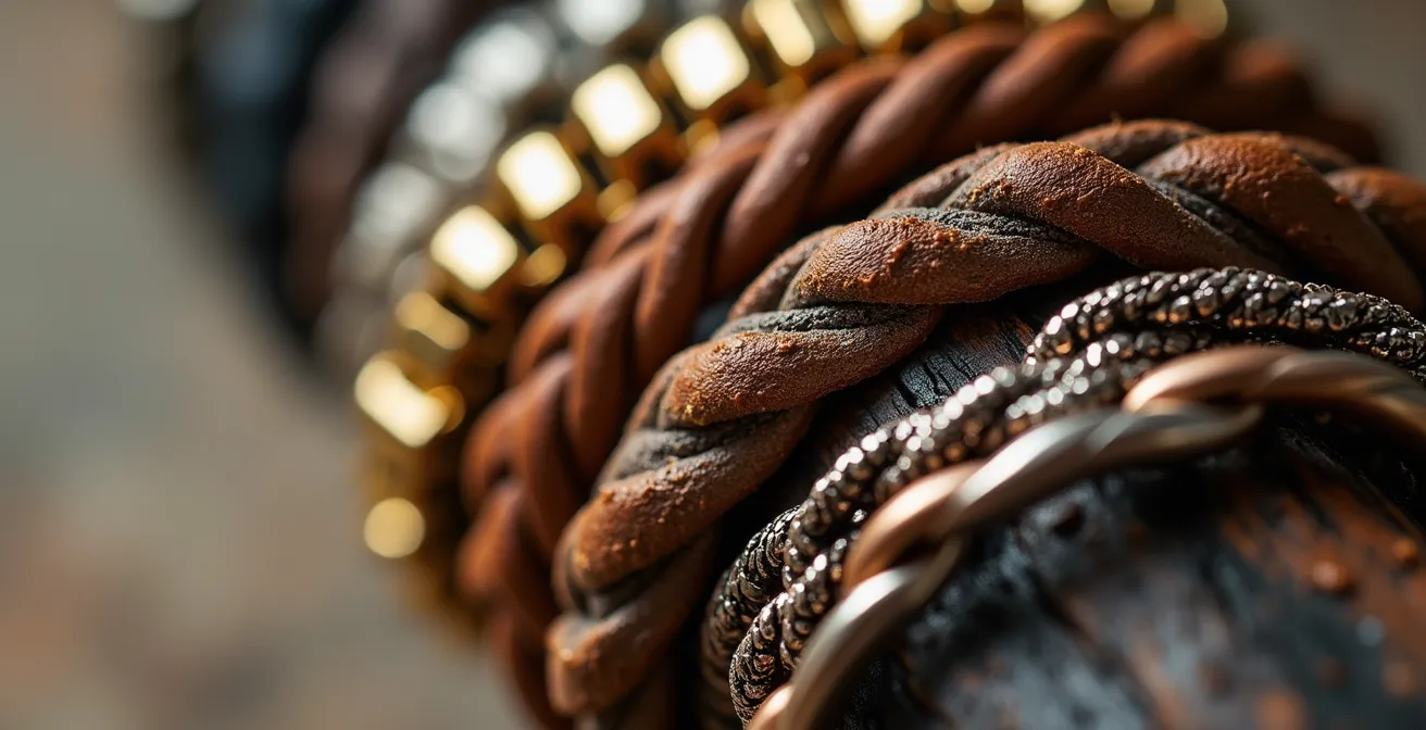 Makroaufnahme verschiedener Armbandtexturen und Materialien im harmonischen Zusammenspiel