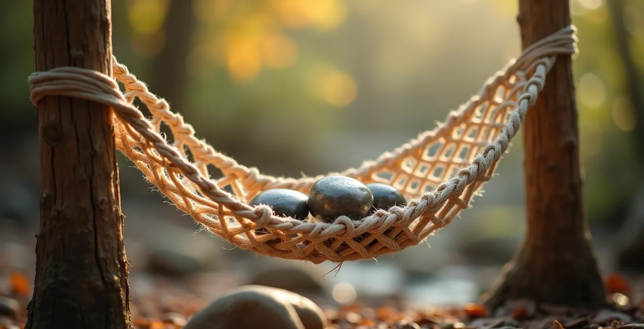 Anatomische Darstellung der Beckenbodenmuskulatur und ihrer Verbindungen, symbolisiert durch eine tragende Hängematte