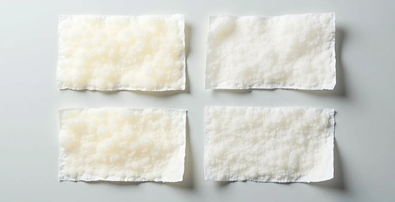 Vier Löschpapier-Streifen zeigen unterschiedliche Ölmuster für die Hauttyp-Bestimmung