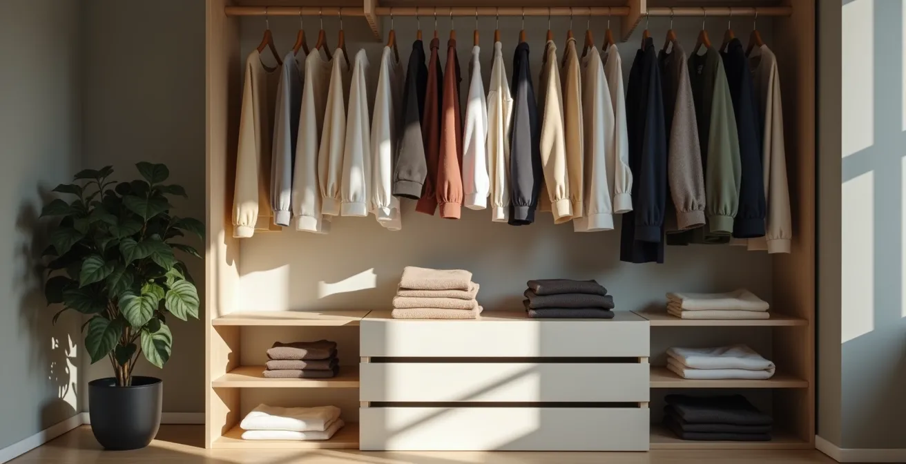 Ein minimalistischer Kleiderschrank mit farblich sortierten Basics und durchdachtem Ordnungssystem