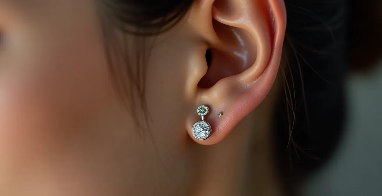 Detailaufnahme eines Ohrs mit wandelbaren Ohrringen in verschiedenen Styling-Varianten