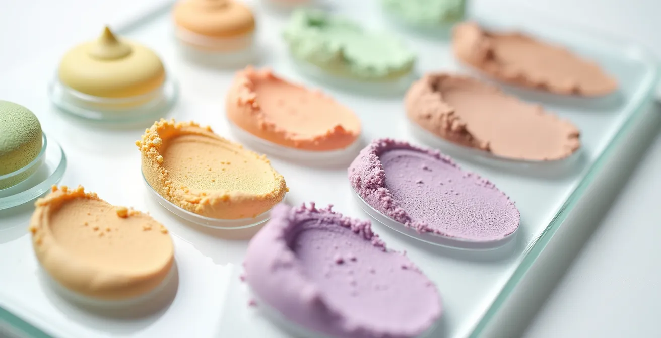 Farbkorrektur-Palette mit verschiedenen Concealer-Tönen wie Grün, Pfirsich und Gelb zur Neutralisierung von Hautunreinheiten.