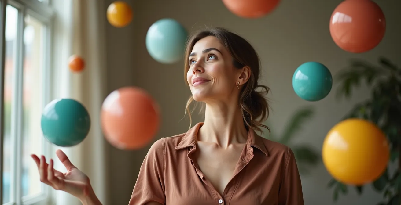 Moderne Frau balanciert verschiedene Lebenselemente in harmonischer Bewegung