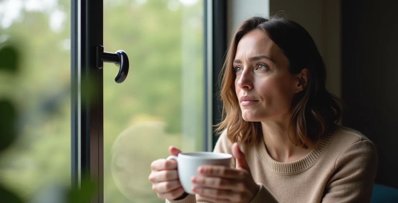 Eine nachdenkliche Frau sitzt in ruhiger Selbstreflexion am Fenster