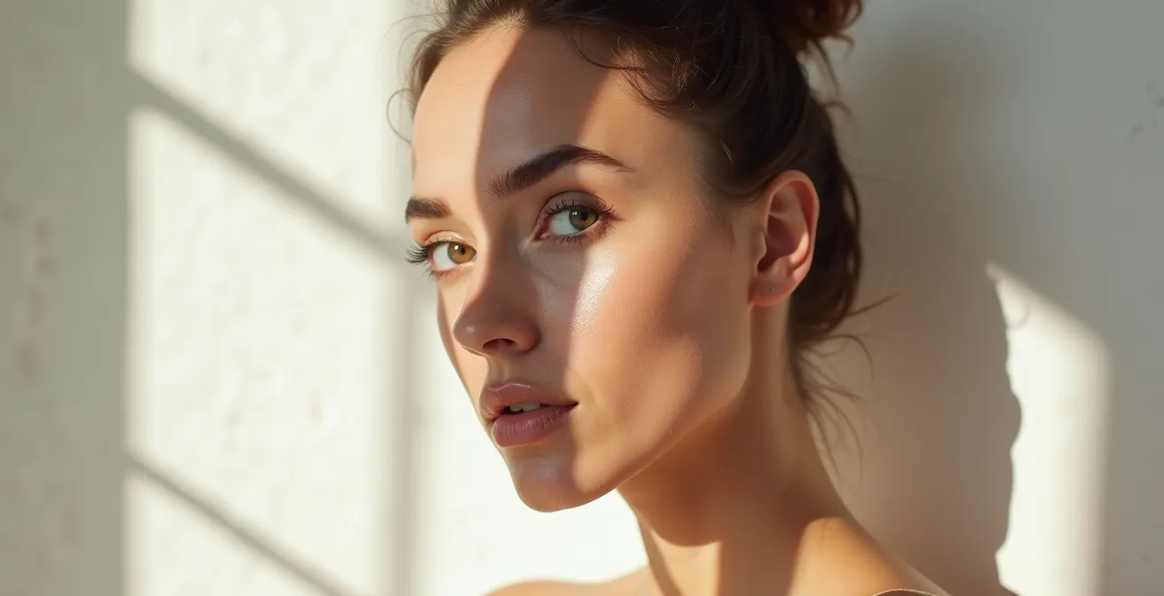 Frauengesicht mit natürlichen Schattenwürfen, die bei verschiedenen Lichtwinkeln unter den Wangenknochen und an der Kieferlinie entstehen.