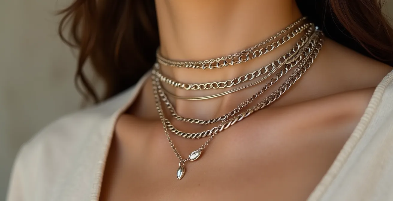 Nahaufnahme von drei geschichteten Halsketten in verschiedenen Längen und Texturen an einem weiblichen Dekolleté.