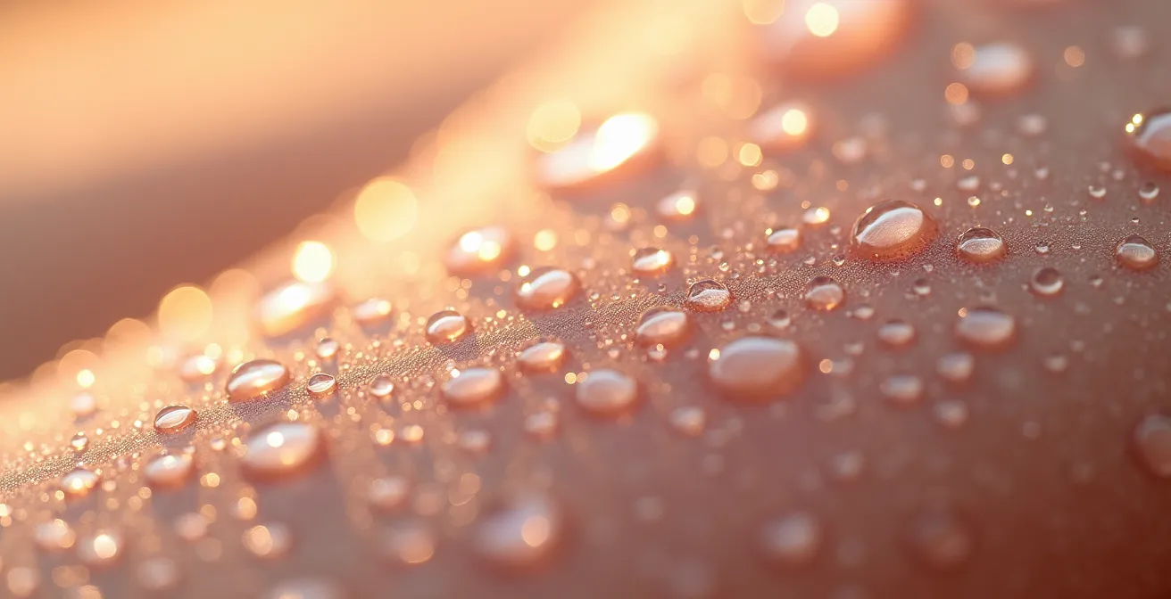 Makroaufnahme der Hautoberfläche mit sichtbaren Texturen und Feuchtigkeitströpfchen, die das Konzept eines dynamischen Ökosystems visualisiert.