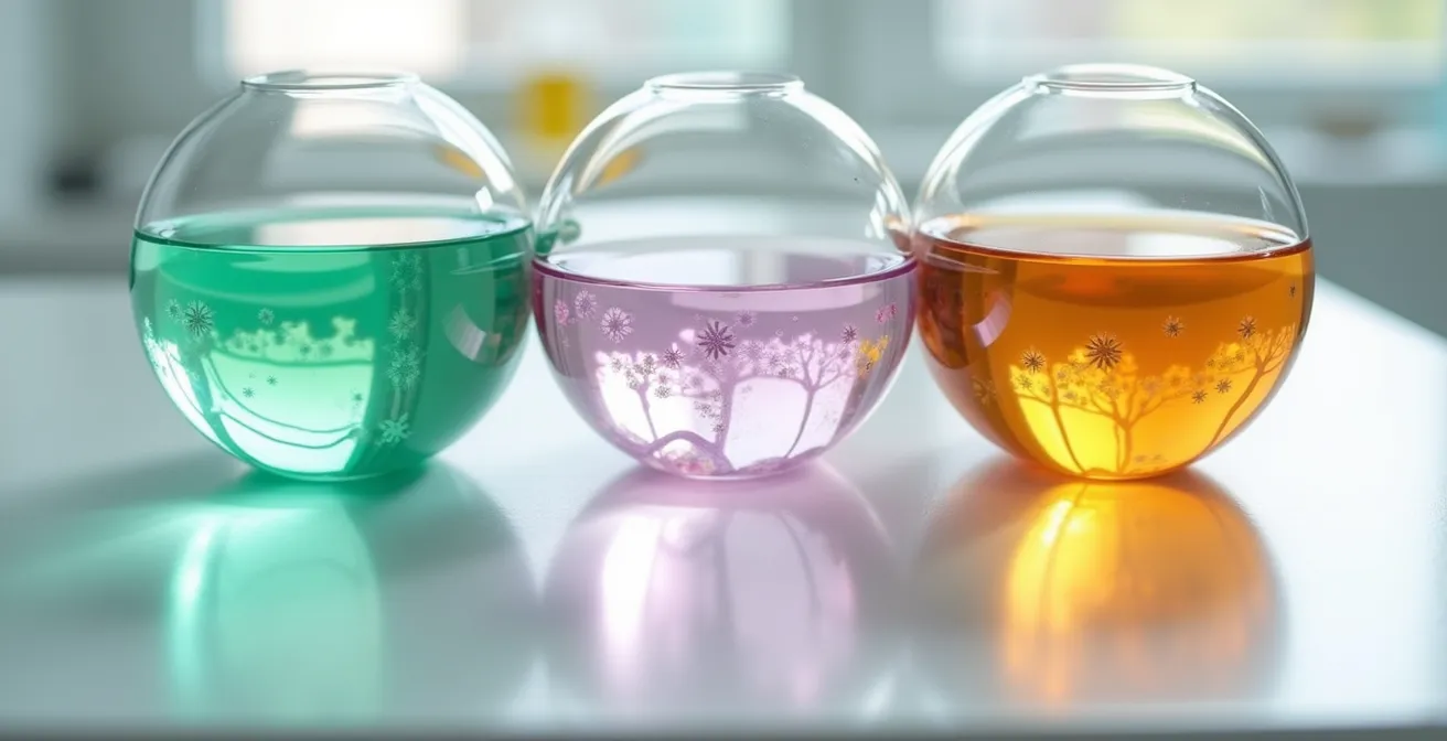 Visuelle Darstellung der wichtigsten weiblichen Hormone Östrogen, Progesteron und Testosteron als farbige Flüssigkeiten in Glaskugeln.