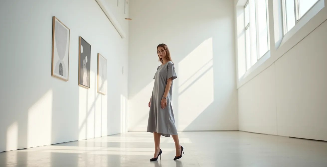 Frau in aufrechter Haltung mit entspannten Schultern in einem minimalistischen Raum.