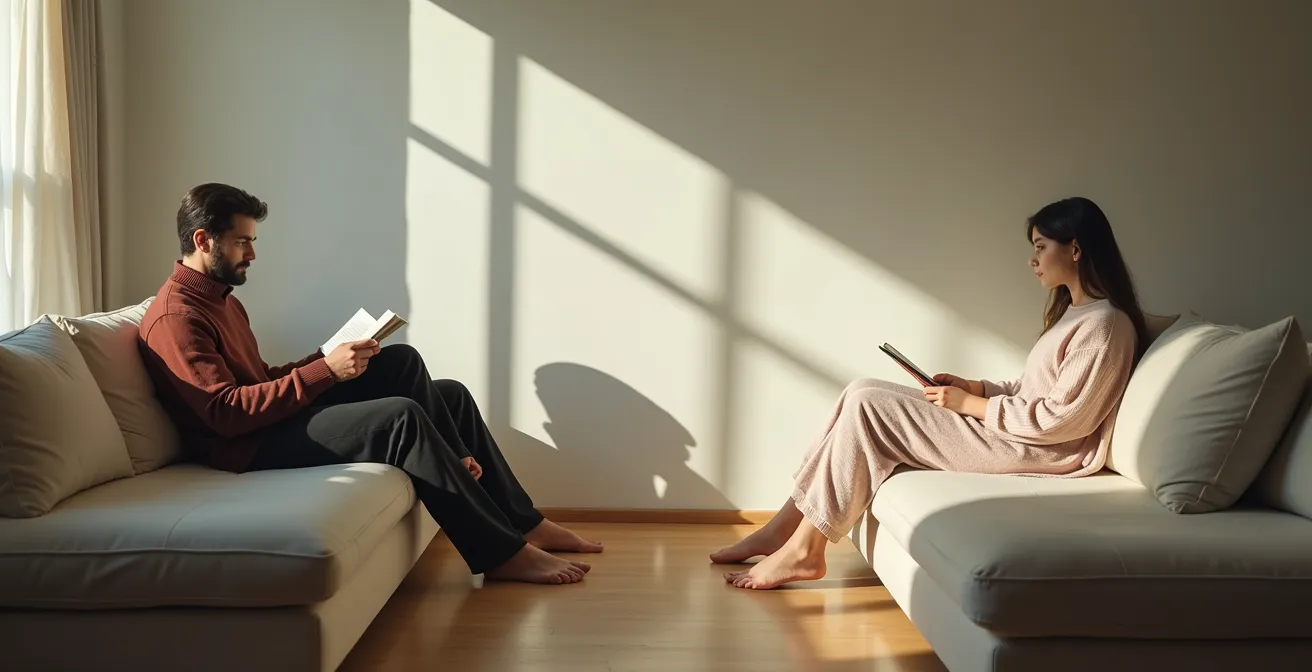 Ein Paar sitzt in einer gemütlichen, aber distanzierten Atmosphäre auf einem Sofa.