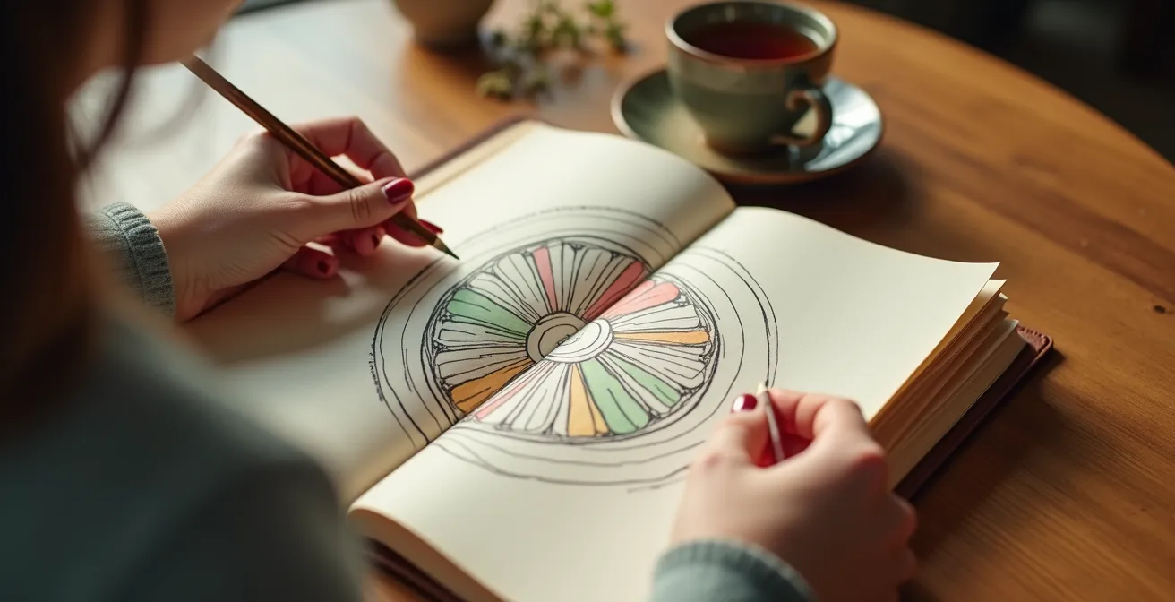 Frau zeichnet ihr persönliches Lebensrad mit vier Bereichen in einem Journal