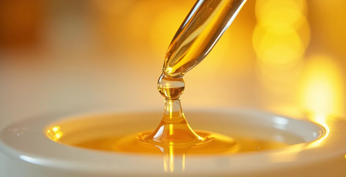 Makroaufnahme von goldenem Serum mit sichtbarer Textur, das die Wertigkeit einer Investition symbolisiert.