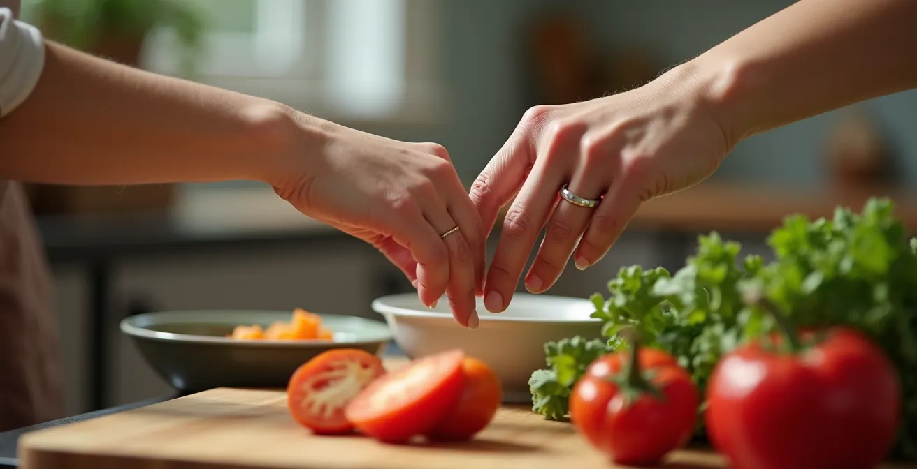 Ein Paar beim gemeinsamen Kochen, wo sich ihre Hände sanft berühren