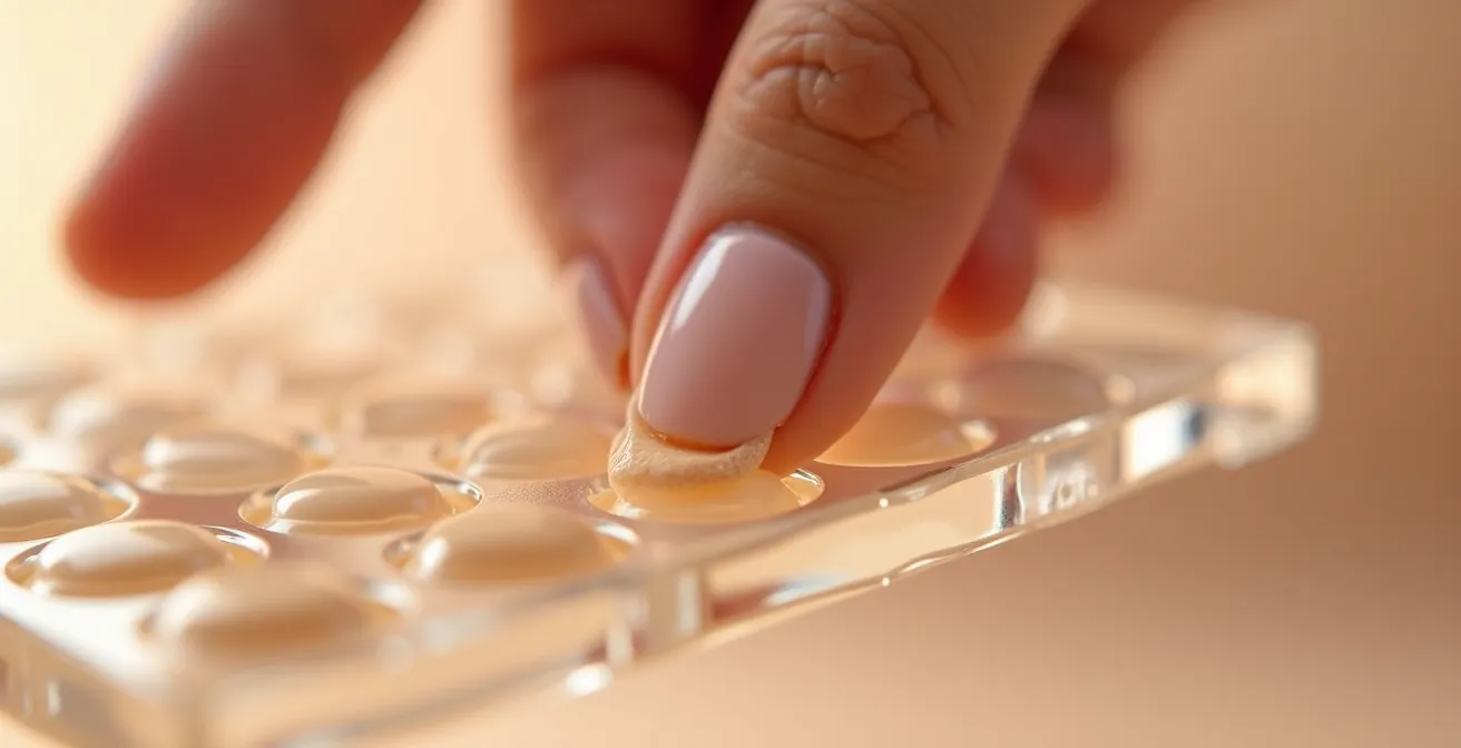 Extreme Makroaufnahme einer Hand, die Foundation punktuell auf Gesichtshaut aufträgt