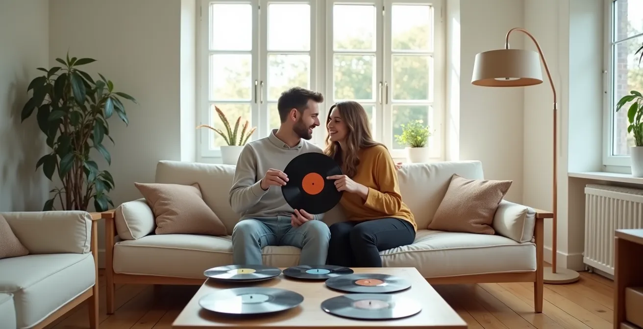 Liebespaar wählt zusammen Musik für ihre persönliche Playlist aus