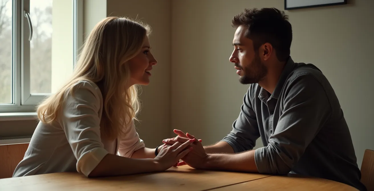 Zwei Menschen in vertrautem Gespräch, Hände berühren sich sanft über einem Tisch