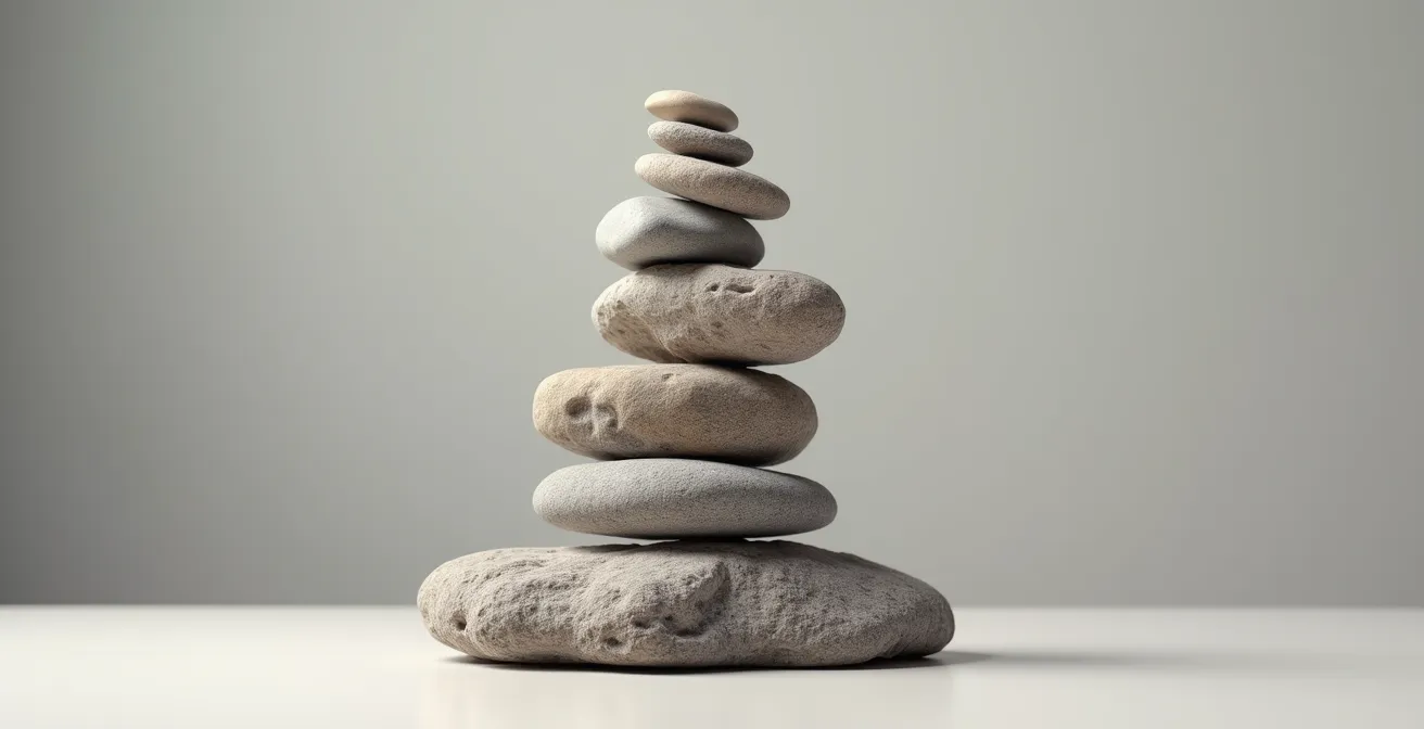 Abstrakte Komposition aus ausbalancierten Steinen in verschiedenen Größen, die die Schönheit der Unvollkommenheit symbolisieren