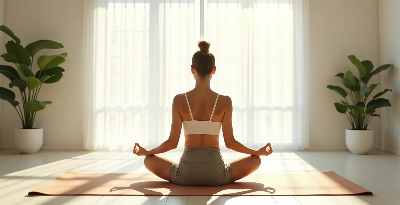 Frau in meditativer Haltung umgeben von natürlichen Elementen, die die vier Säulen des Wohlbefindens symbolisieren.