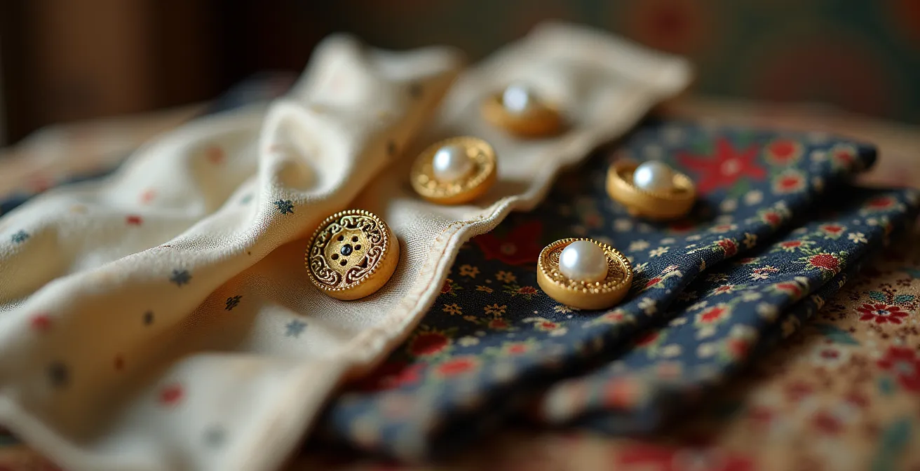 Nahaufnahme von hochwertigen Vintage-Accessoires und Stoffen, die auf einem Flohmarkt gefunden wurden