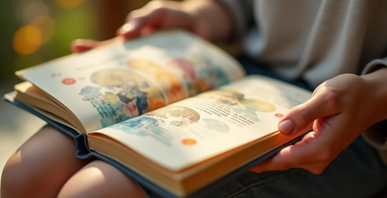 Nahaufnahme von Händen, die sanft ein Zyklustagebuch mit abstrakten Symbolen halten