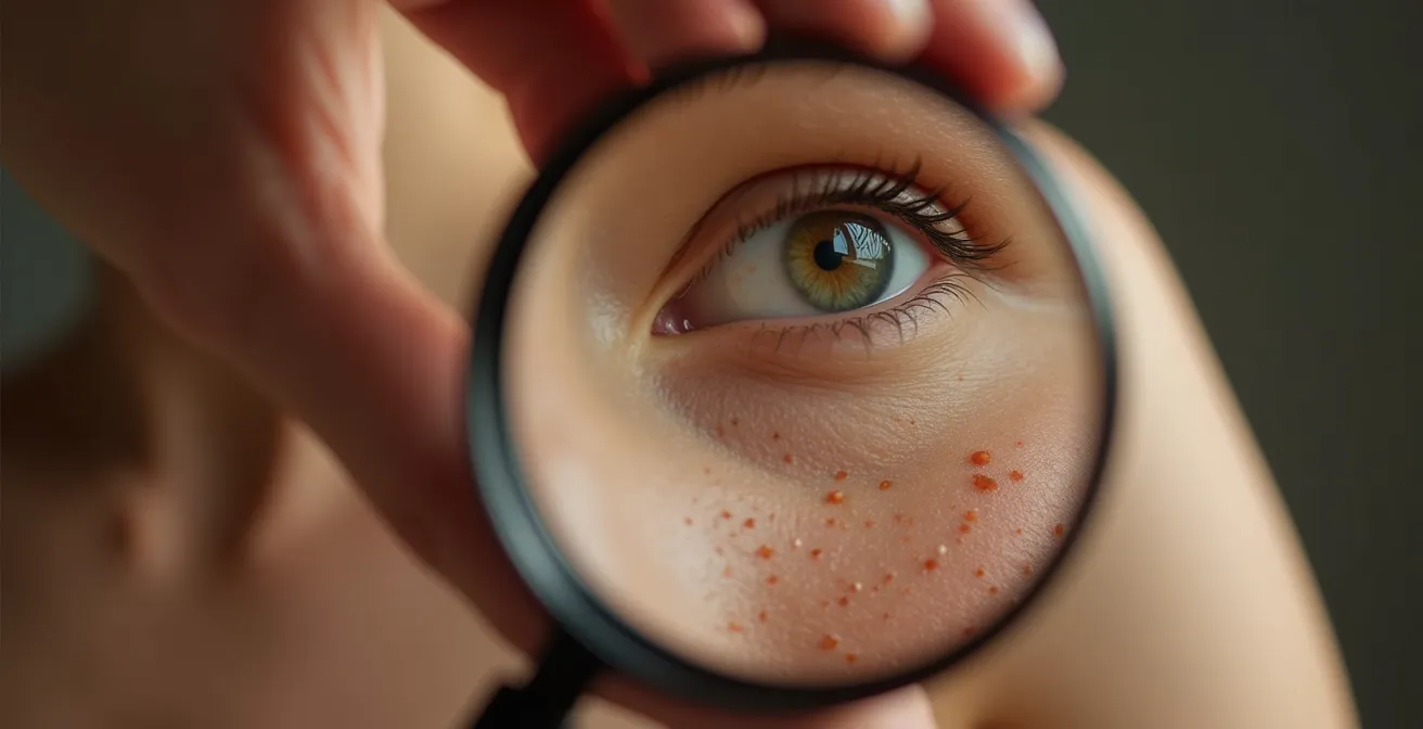 Nahaufnahme einer Hautuntersuchung mit Lupe ohne erkennbare Schrift