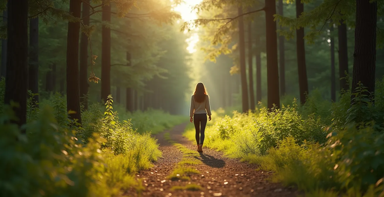 Frau bei entspanntem Waldspaziergang zur aktiven Regeneration