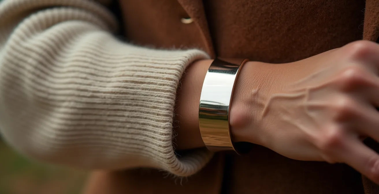 Makroaufnahme eines breiten Armreifs über einem Pulloverärmel