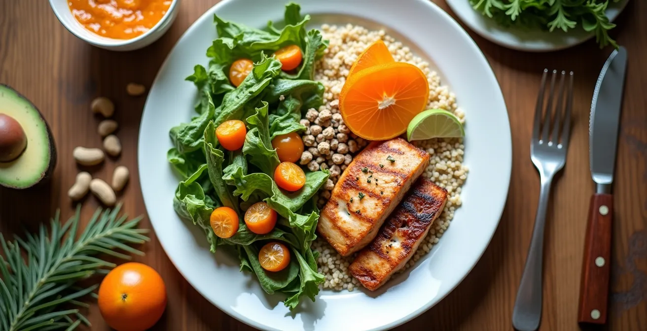 Vogelperspektive auf einen perfekt ausbalancierten Mittagsteller