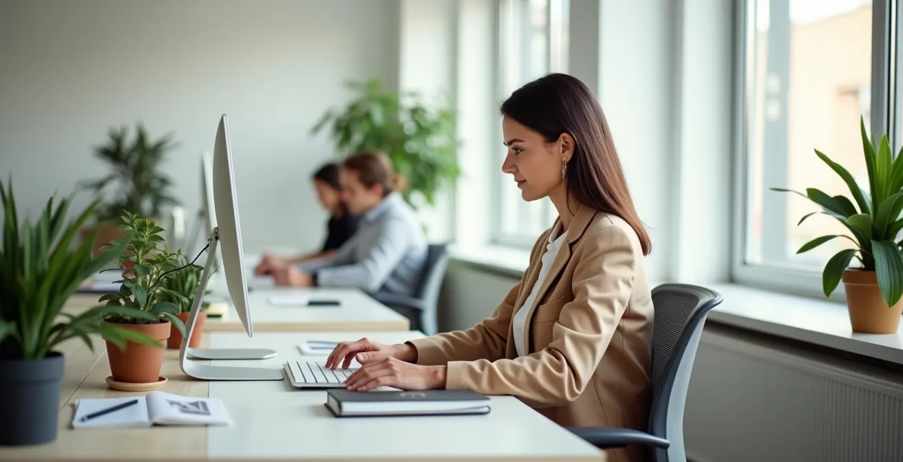 Frau am Schreibtisch praktiziert unsichtbare Beckenbodenübungen während der Arbeit