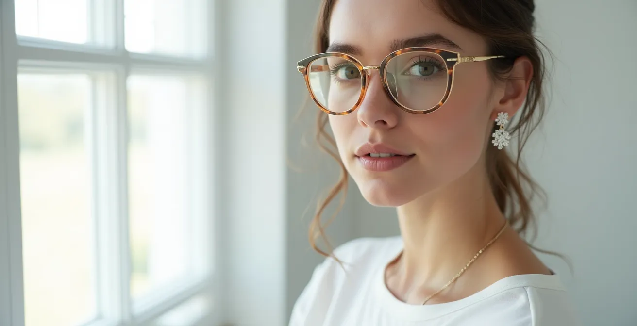 Gesicht in drei Zonen mit harmonischer Brille-Ohrring-Kombination