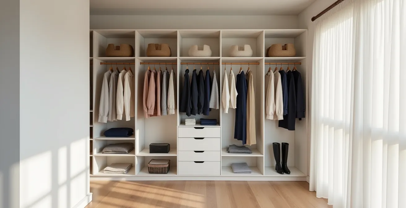 Aufgeräumter minimalistischer Kleiderschrank mit farblich sortierten Kleidungsstücken