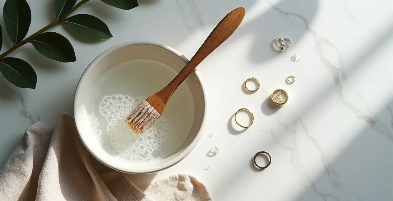 Stillleben mit natürlichen Reinigungsmitteln für Diamantschmuck