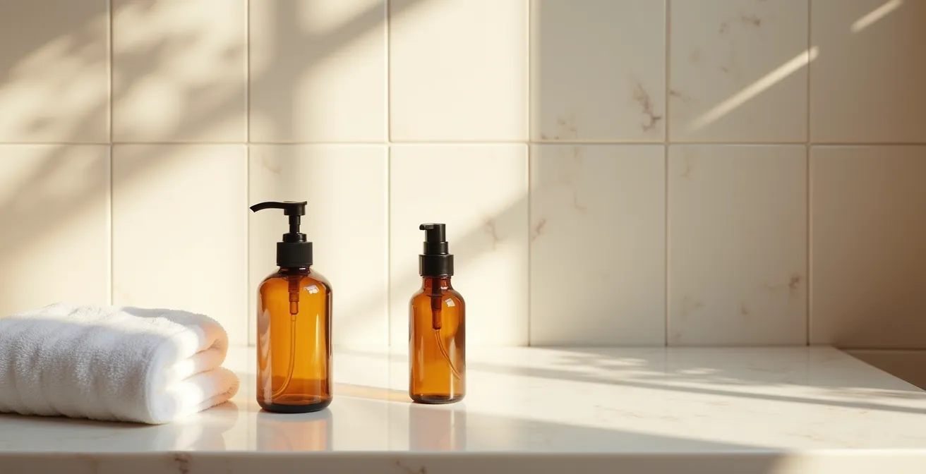 Minimalistische Badezimmerszene mit zwei Reinigungsprodukten und sauberem Handtuch