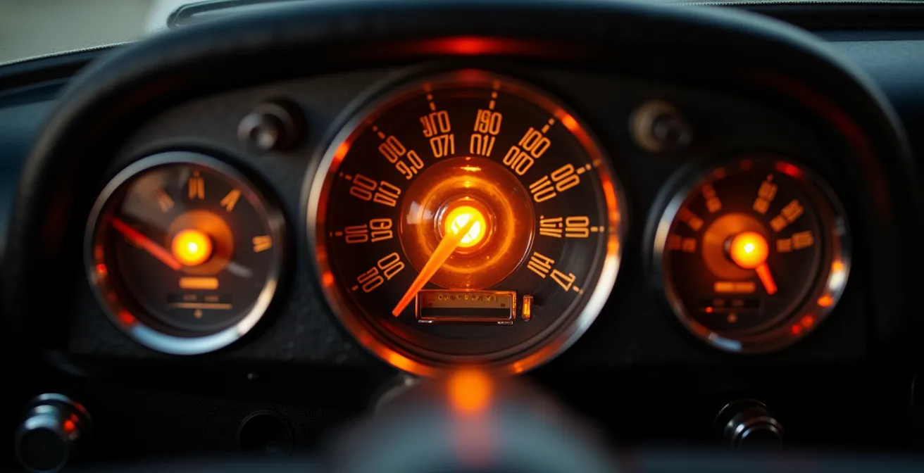 Metaphorische Darstellung von Eifersucht als Warnleuchte auf einem Armaturenbrett, die auf ein Problem in der Beziehung hinweist.