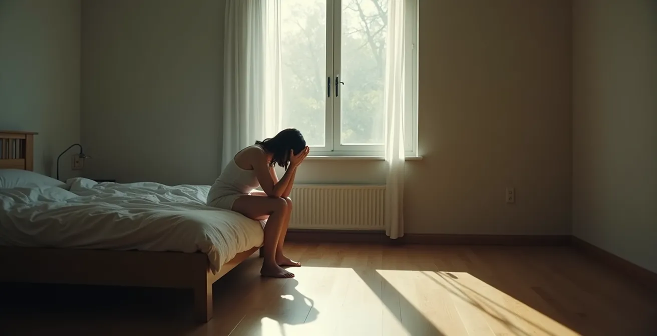 Weitwinkelaufnahme einer erschöpften Frau, die erschöpft auf ihrer Bettkante in einem minimalistischen Raum sitzt.