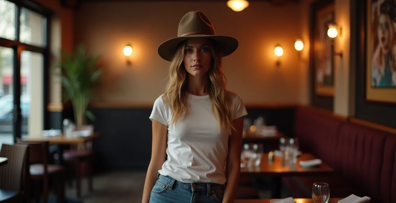 Frau mit Fedora-Hut in minimalistischem Abend-Outfit mit Jeans