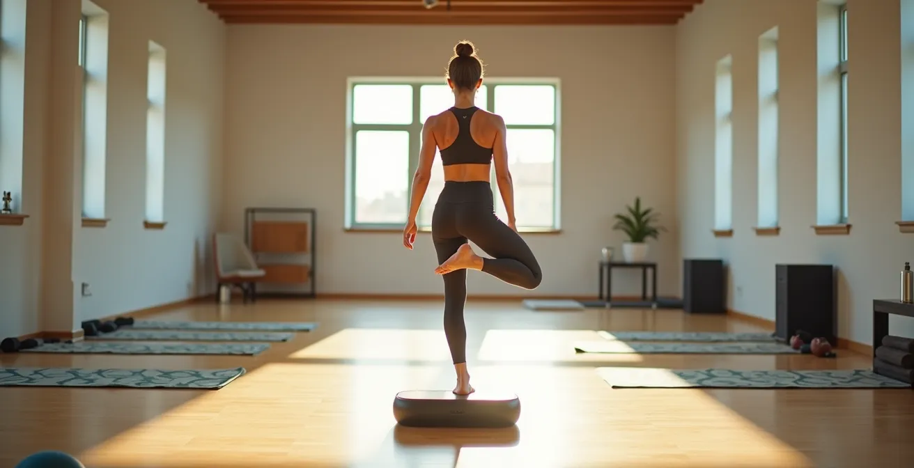 Frau macht Balance-Übungen auf einem Stabilitätspad im Fitnessstudio