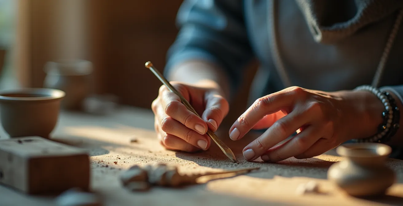 Nahaufnahme von reifen Händen einer Frau, die konzentriert eine neue kreative Fähigkeit erlernt