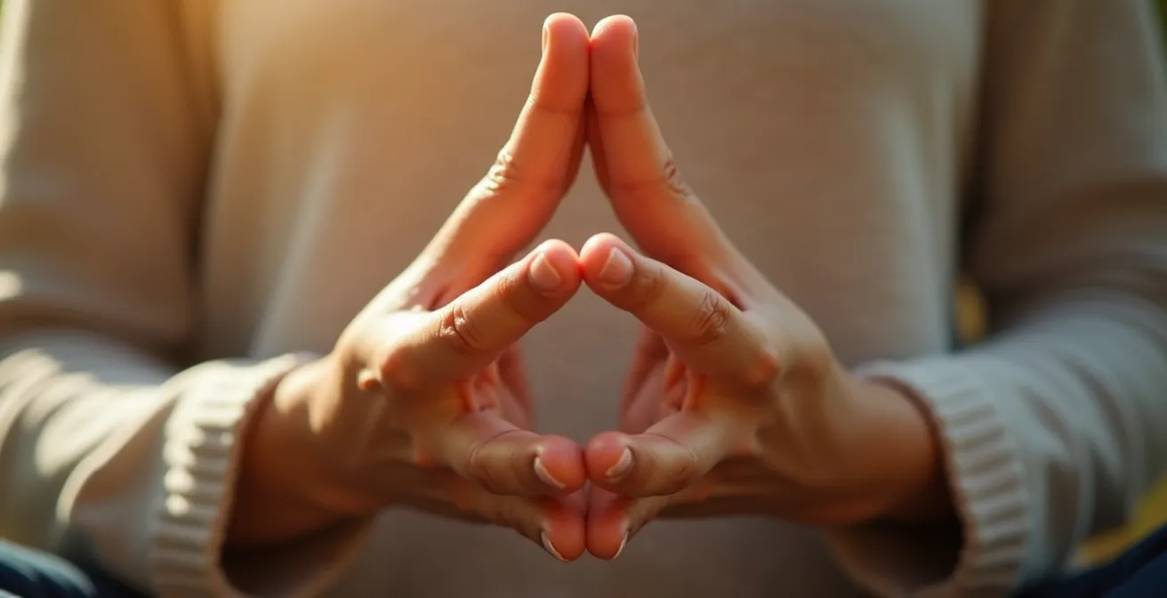 Makroaufnahme von den Händen einer Frau in einer meditativen Geste, die Ruhe und Selbstfürsorge symbolisiert.