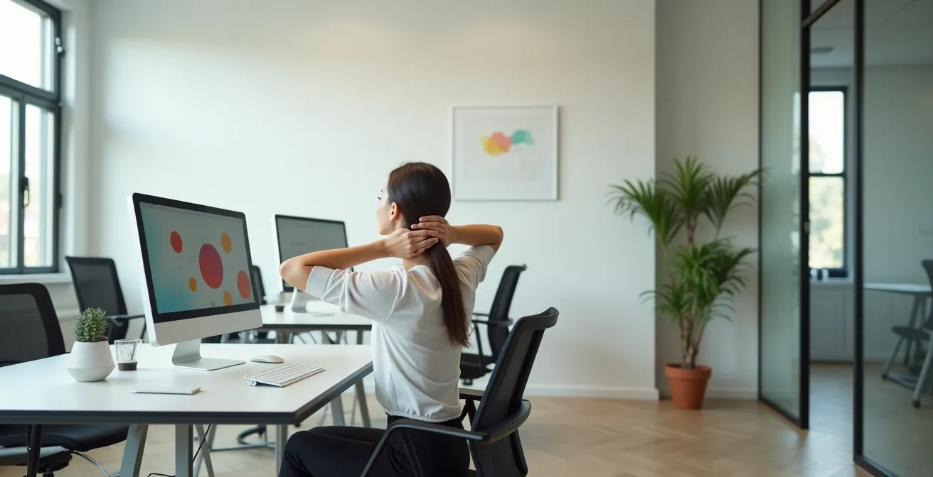 Frau führt eine sanfte Nackenübung an ihrem Schreibtisch im Büro aus, um Verspannungen zu lösen.