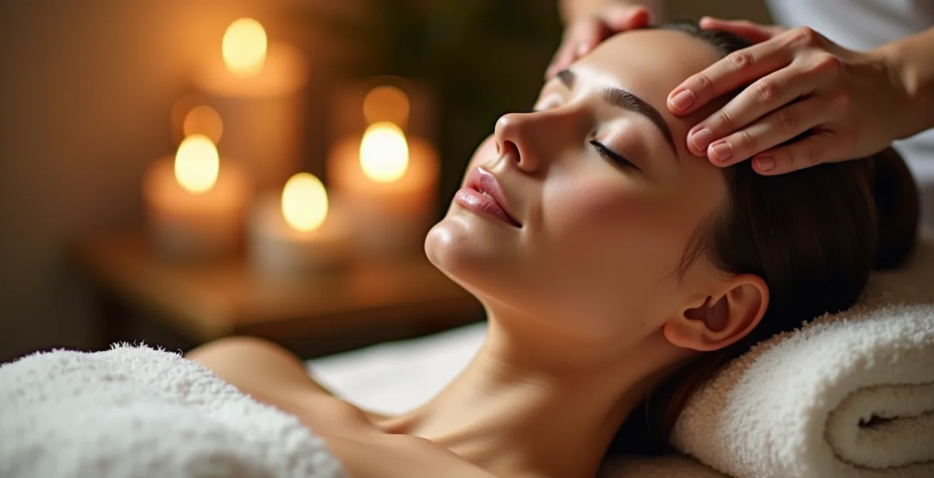 Entspannte Frau bei professioneller Gesichtsbehandlung in ruhiger Spa-Umgebung