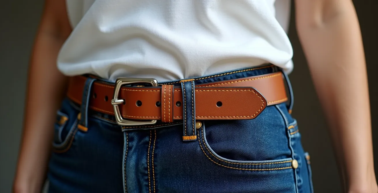 Nahaufnahme eines Statement-Gürtels mit French Tuck Styling an Jeans