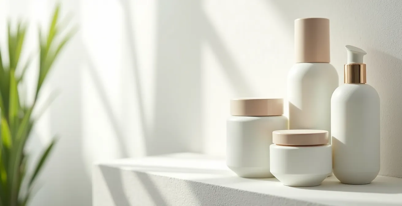 Verschiedene Hautpflegeprodukte, wie eine Garderobe auf einem Regal angeordnet, symbolisieren die Haut-Garderobe.