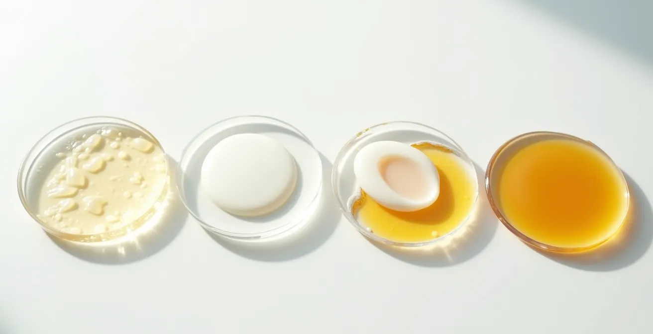 Verschiedene Hautpflege-Texturen von dünn zu dick angeordnet