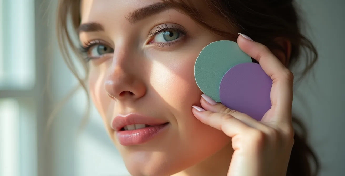 Farbtest für Hautuntertöne mit Mintgrün und Flieder, bei dem Stoffproben an die Wange einer Frau gehalten werden.