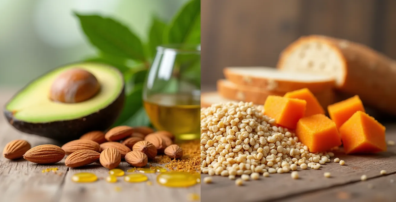 Makroaufnahme von gesunden Fetten und komplexen Kohlenhydraten nebeneinander