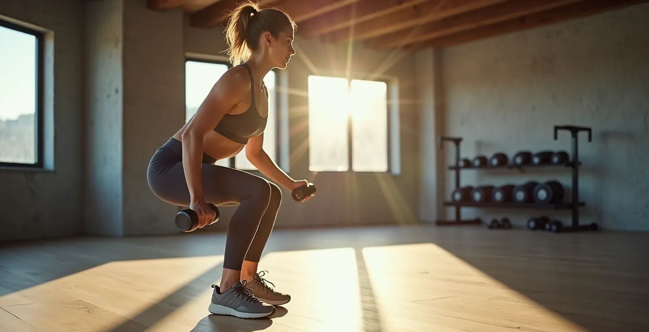 Frau beim Krafttraining mit Hanteln in minimalistischer Umgebung